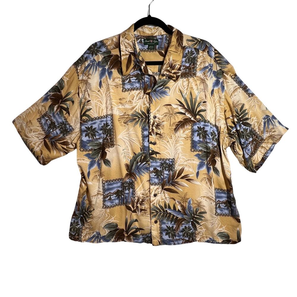 DAVID TAYLOR COLLECTION Shirt Men 2XLT Tan Blue Tropical Hawaiian Palm Trees